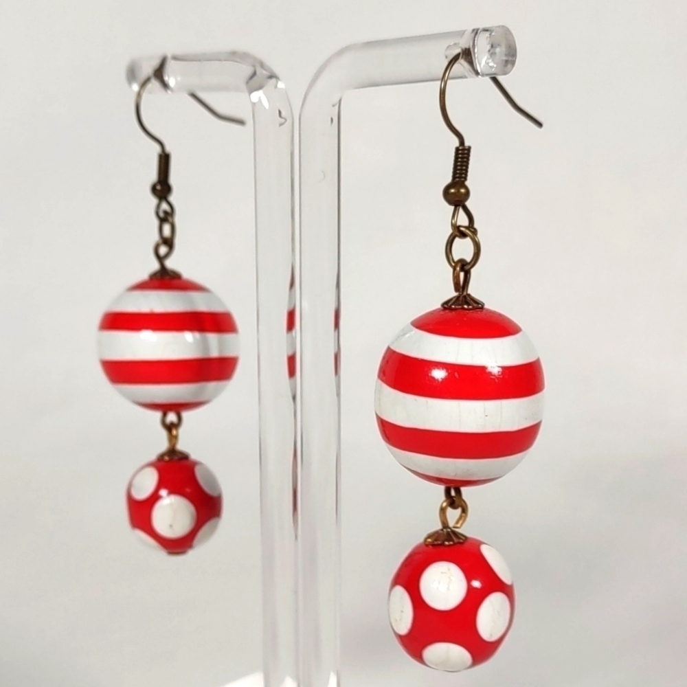 Handmade Red and White Wood Bead Fishhook Post Earrings